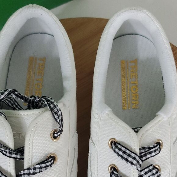Tretorn NY Lite Bold White Canvas Platform Sneakers Gingham Ribbon Laces W10 - Picture 3 of 10